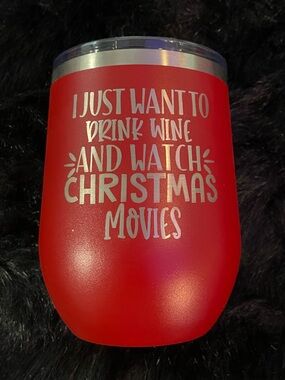 Red Holiday Wine Tumbler - 'Drink Wine and Watch Christmas Movies'  NWOT